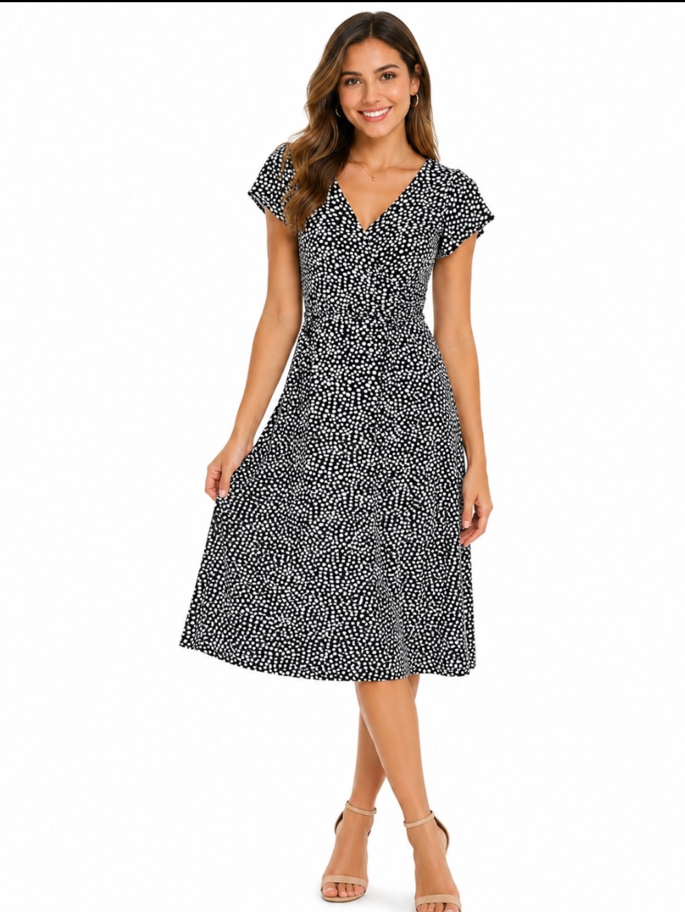 CHADWICKS Black and White Polka Dot Wrap-Style Dress M